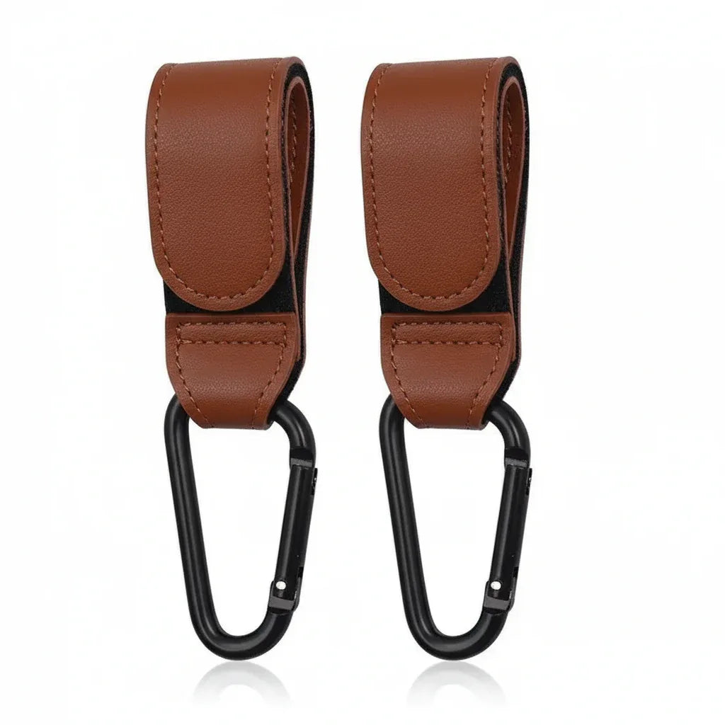 Ganci passeggino set 2 pezzi variante marrone con moschettone nero