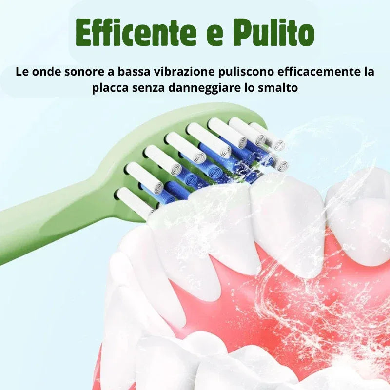 Spazzolino elettrico per bambini verde con setole blu e bianche per rimozione placca delicata