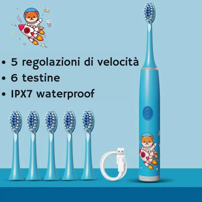 Spazzolino elettrico blu per bambini con design astronauta e testine ricambio