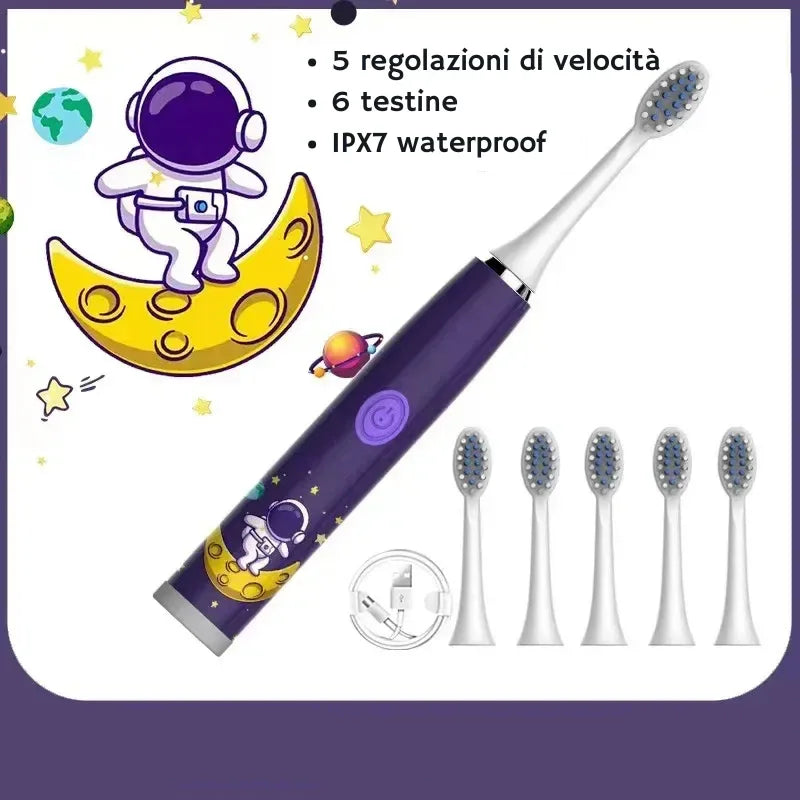 Spazzolino elettrico per bambini viola con design astronauta e luna