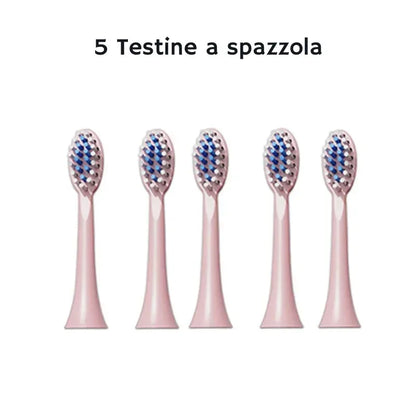 Cinque testine di ricambio rosa per spazzolino elettrico bambini con setole blu e bianche