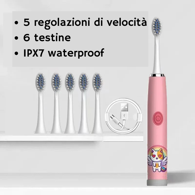 Spazzolino elettrico per bambini rosa con gatto cartoon e accenti argento