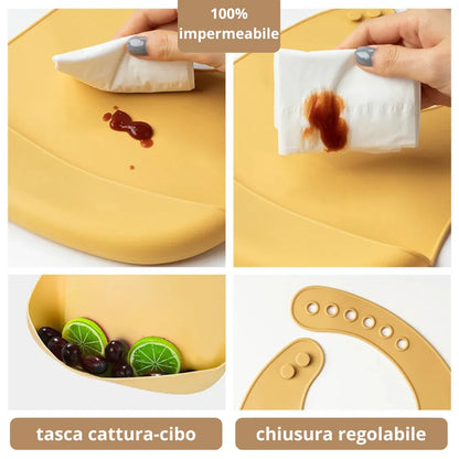 Bavaglino silicone impermeabile con tasca cattura-cibo 3D e chiusura a bottone regolabile facile da pulire
