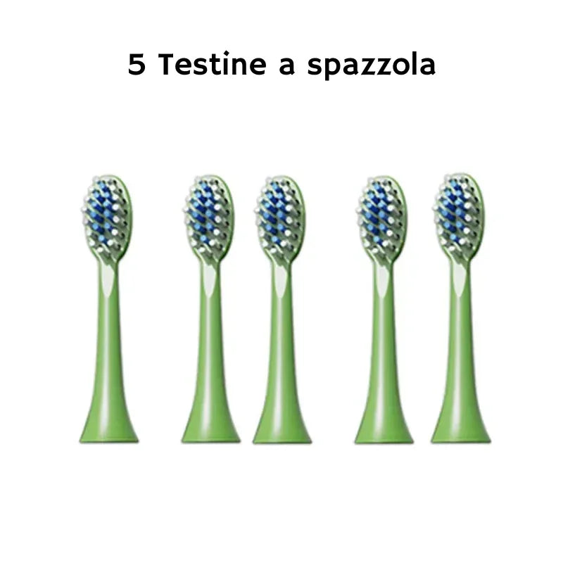 Cinque testine di ricambio verdi per spazzolino elettrico per bambini, setole blu e bianche