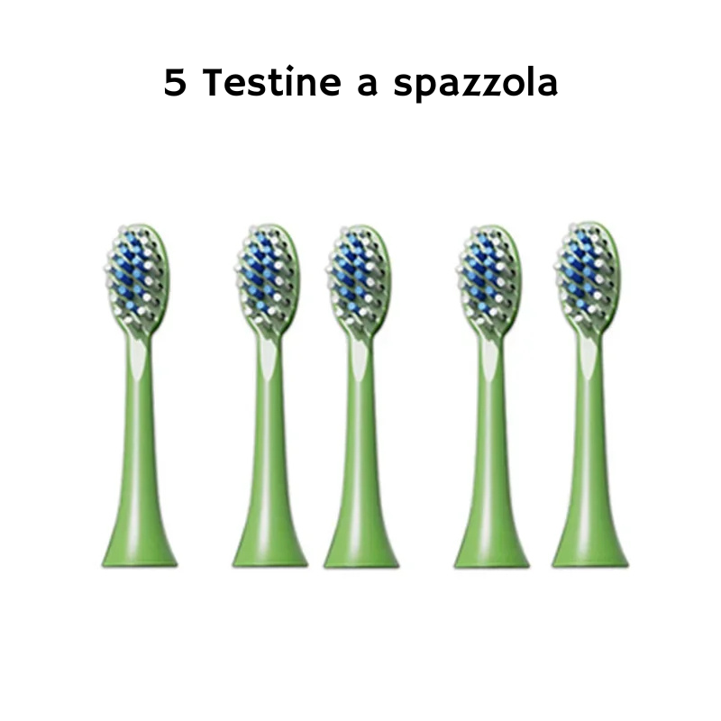 Cinque testine di ricambio verdi per spazzolino elettrico per bambini, setole blu e bianche