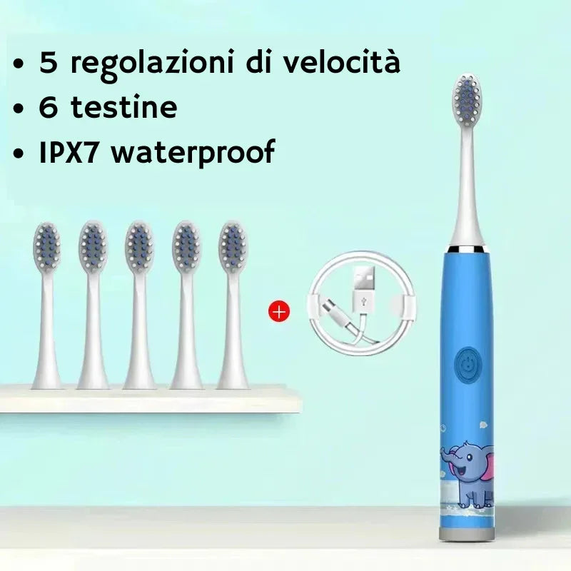 Spazzolino elettrico per bambini blu con elefante cartoon sul manico