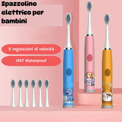 Tre spazzolini elettrici per bambini colorati con design cartoon e testine di ricambio