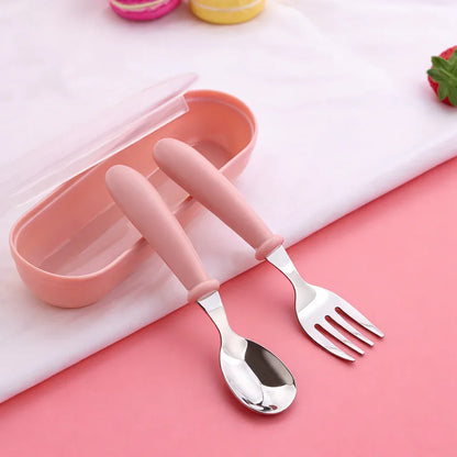 Set posate bambini con custodia portatile cucchiaio e forchetta colorati