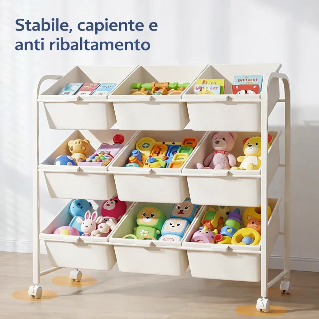  Dettaglio ruote bloccabili carrello porta-giochi rotante per bambini