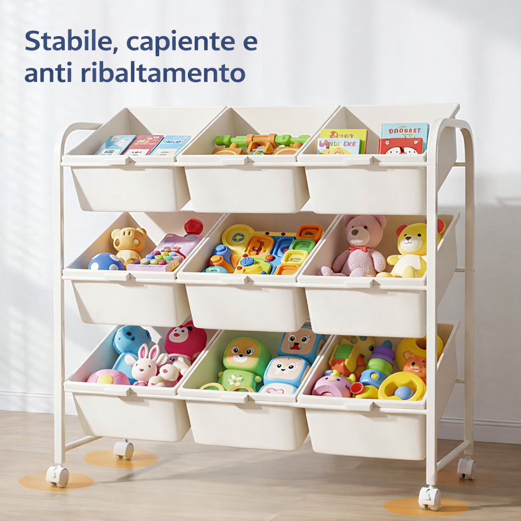 Carrello Porta-Giochi Rotante a 3 Ripiani – Organizer per Bambini con Contenitori Rimovibili e Ruote Bloccabili