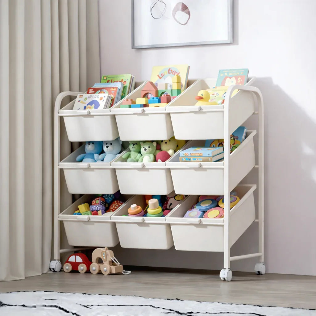 Carrello porta-giochi rotante a 3 ripiani per bambini con ruote bloccabili