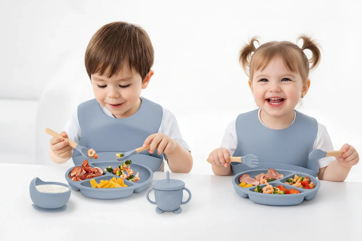 Set prima pappa silicone bambini completo piatto ciotola cucchiaio forchetta e bicchiere