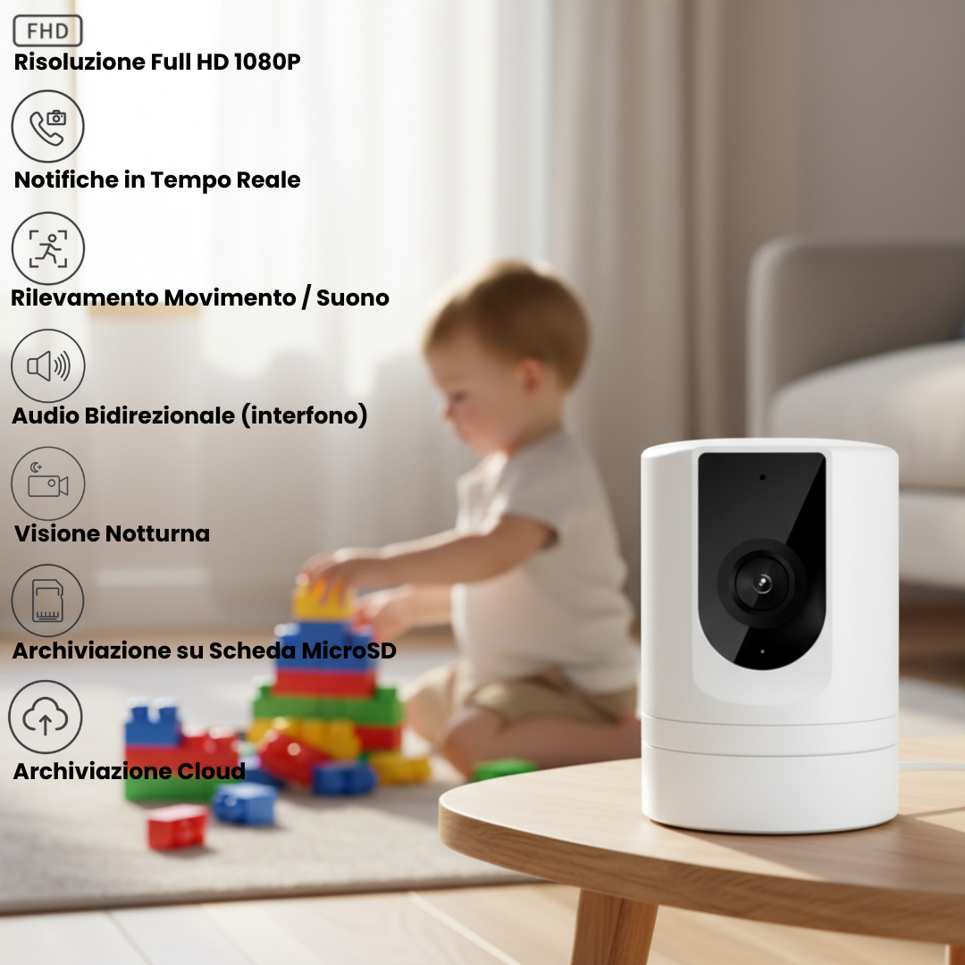 Telecamera di Sicurezza WiFi 1080P per Interni – 360° Pan, Visione Notturna, Audio Bidirezionale, Baby Monitor