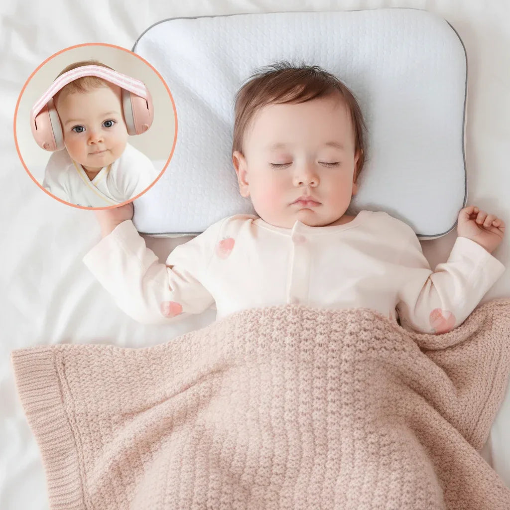 Cuffie antirumore neonati indossate da bambino protezione acustica NRR 26dB