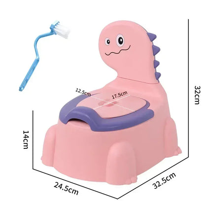 Vasino dinosauro antiscivolo variante rosa con spazzolino su sfondo bianco