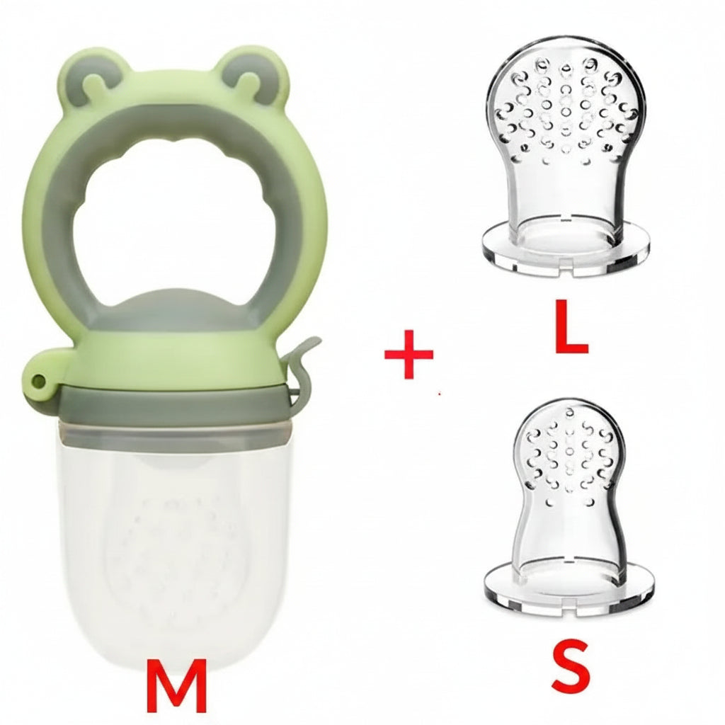 Succhietto alimentare neonati rana verde silicone con inserti trasparenti