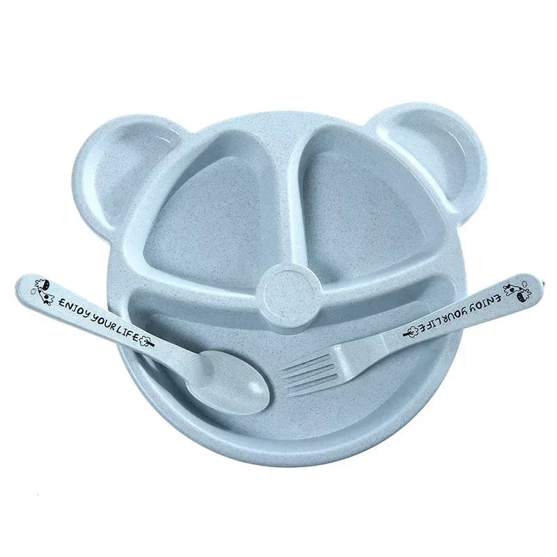 Set pappa orsetto bambini ciotola cucchiaio forchetta blu su sfondo bianco