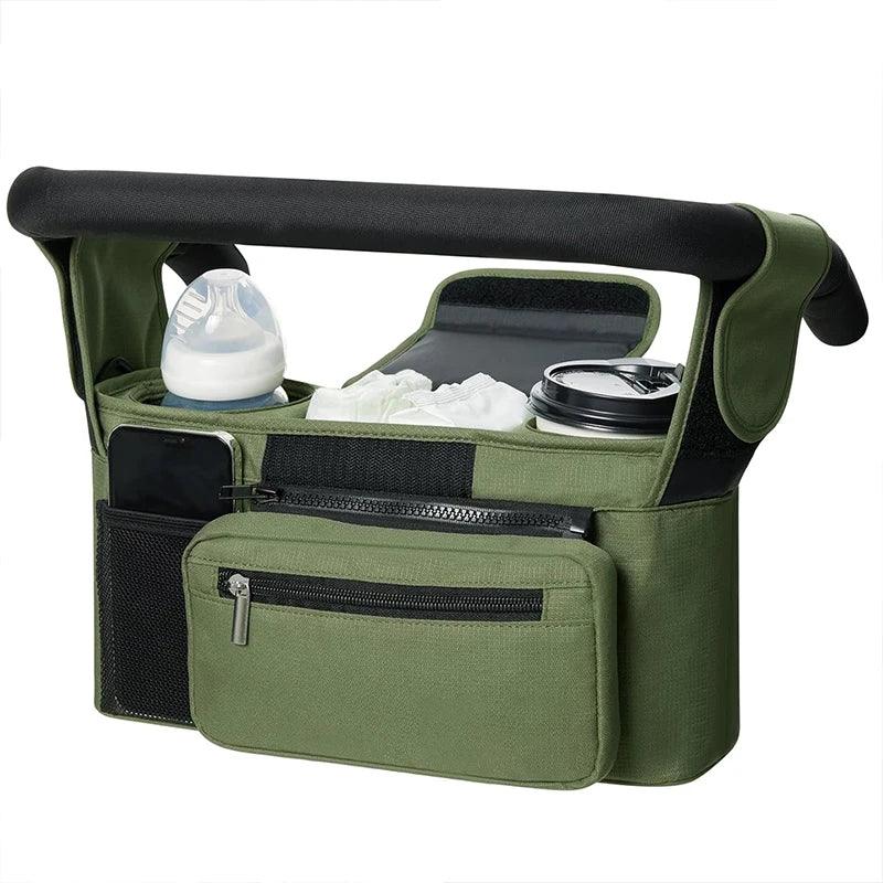 Borsa organizer passeggino verde grande capacità porta biberon e tasca telefono mesh
