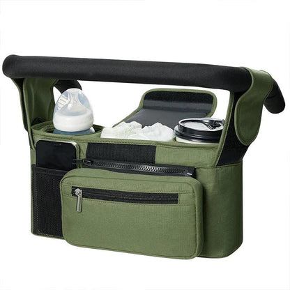 Borsa organizer passeggino verde grande capacità porta biberon e tasca telefono mesh
