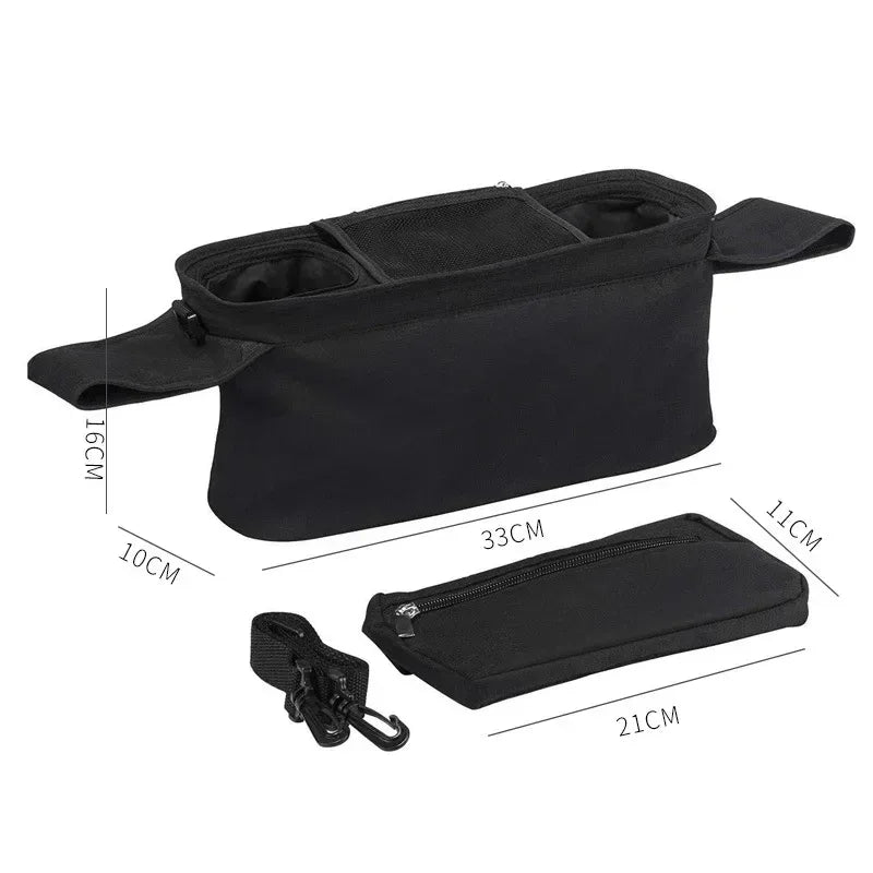 Borsa passeggino nera con tracolla regolabile e accessori inclusi vista completa

