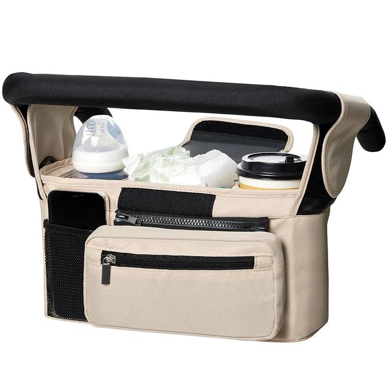 Borsa organizer passeggino beige grande capacità porta biberon e tasca telefono mesh
