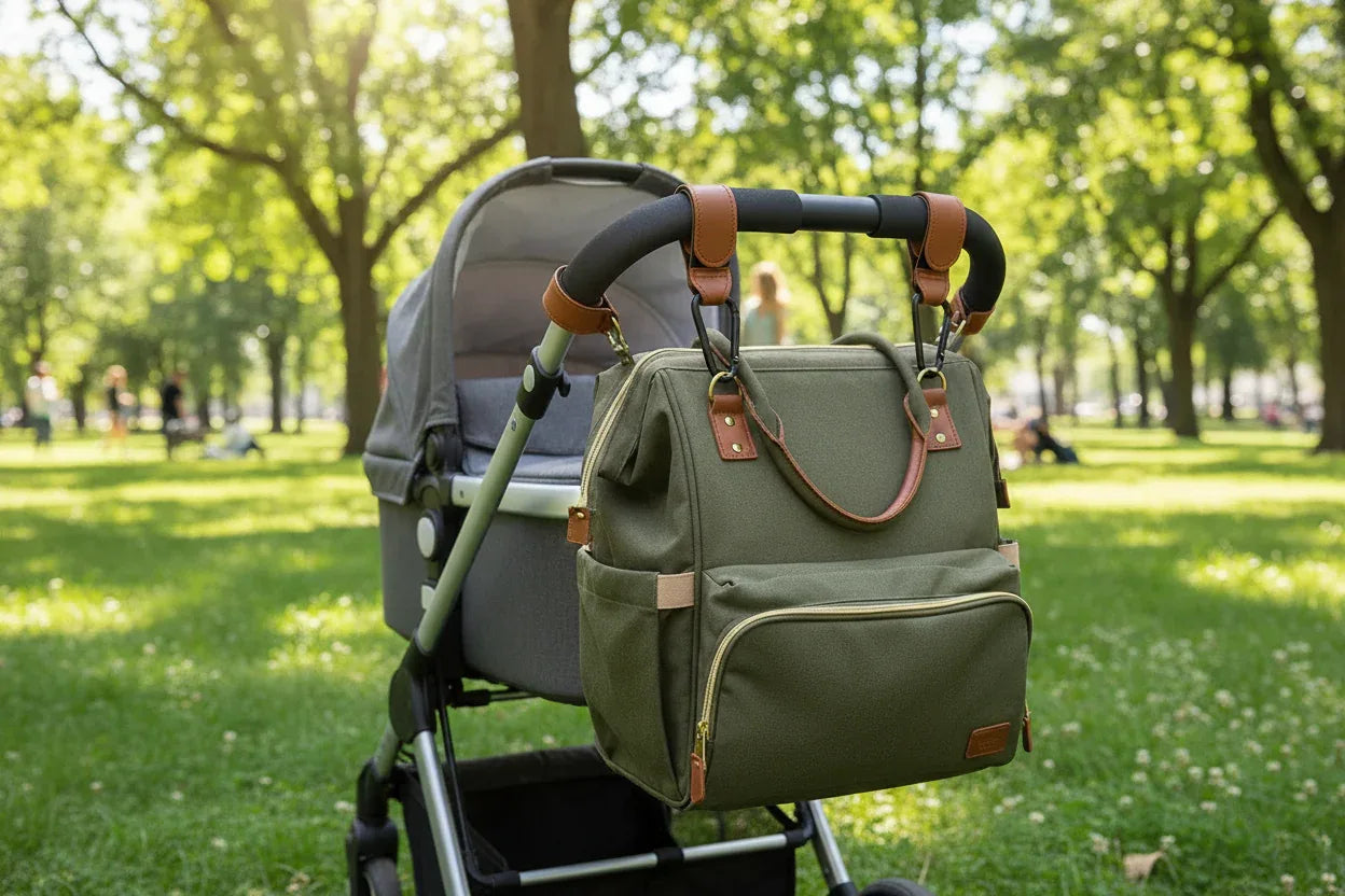 Gancio passeggino pelle PU marrone con borsa pannolini agganciata al maniglione parco
