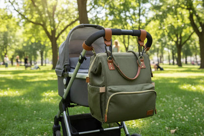 Gancio passeggino pelle PU marrone con borsa pannolini agganciata al maniglione parco
