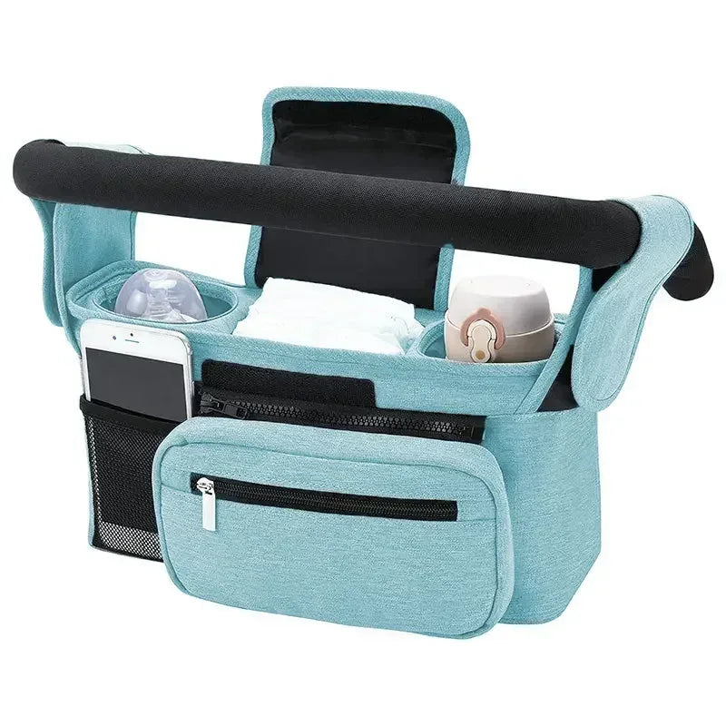 Borsa organizer passeggino azzurra grande capacità porta biberon e tasca telefono mesh
