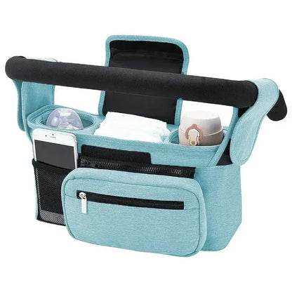 Borsa organizer passeggino azzurra grande capacità porta biberon e tasca telefono mesh
