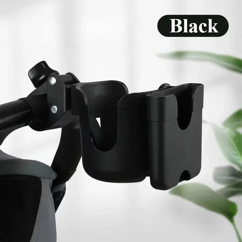 Portabicchieri passeggino nero in plastica con 2 scomparti e supporto smartphone