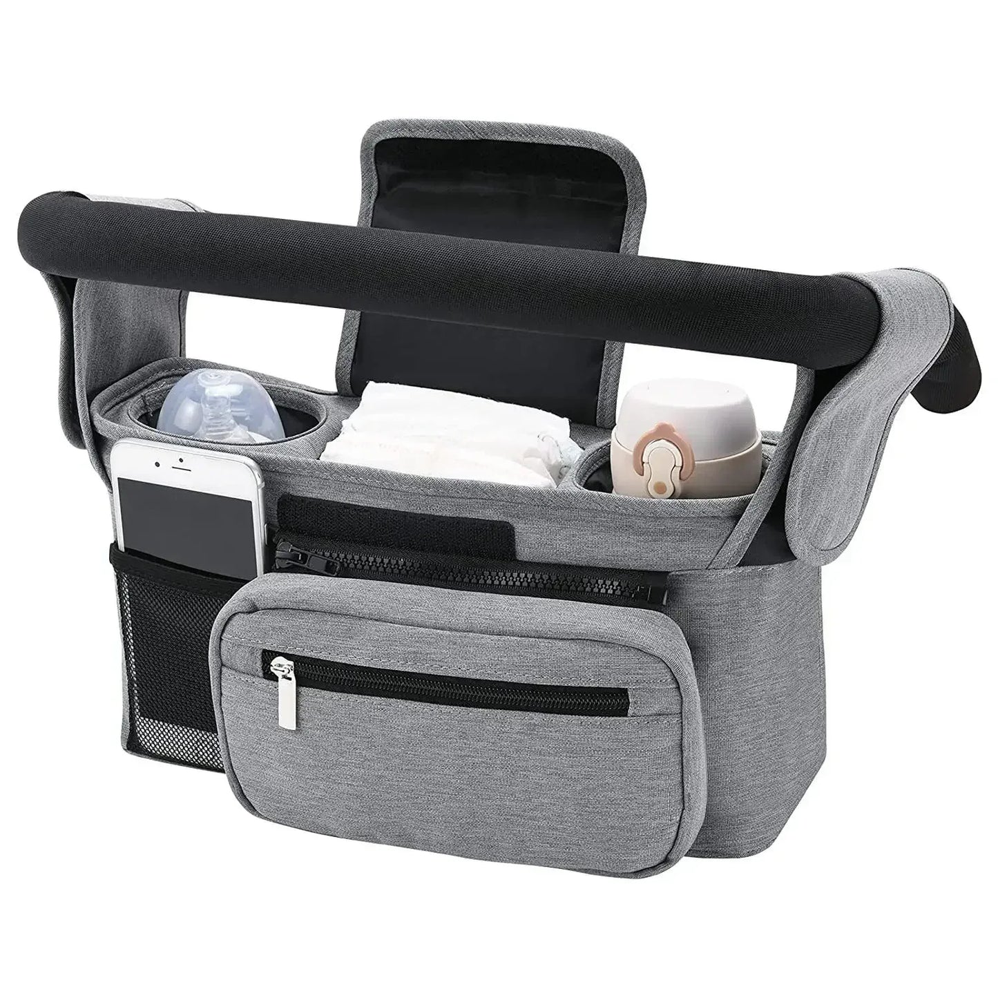 Borsa organizer passeggino grigia grande capacità porta biberon e tasca telefono mesh
