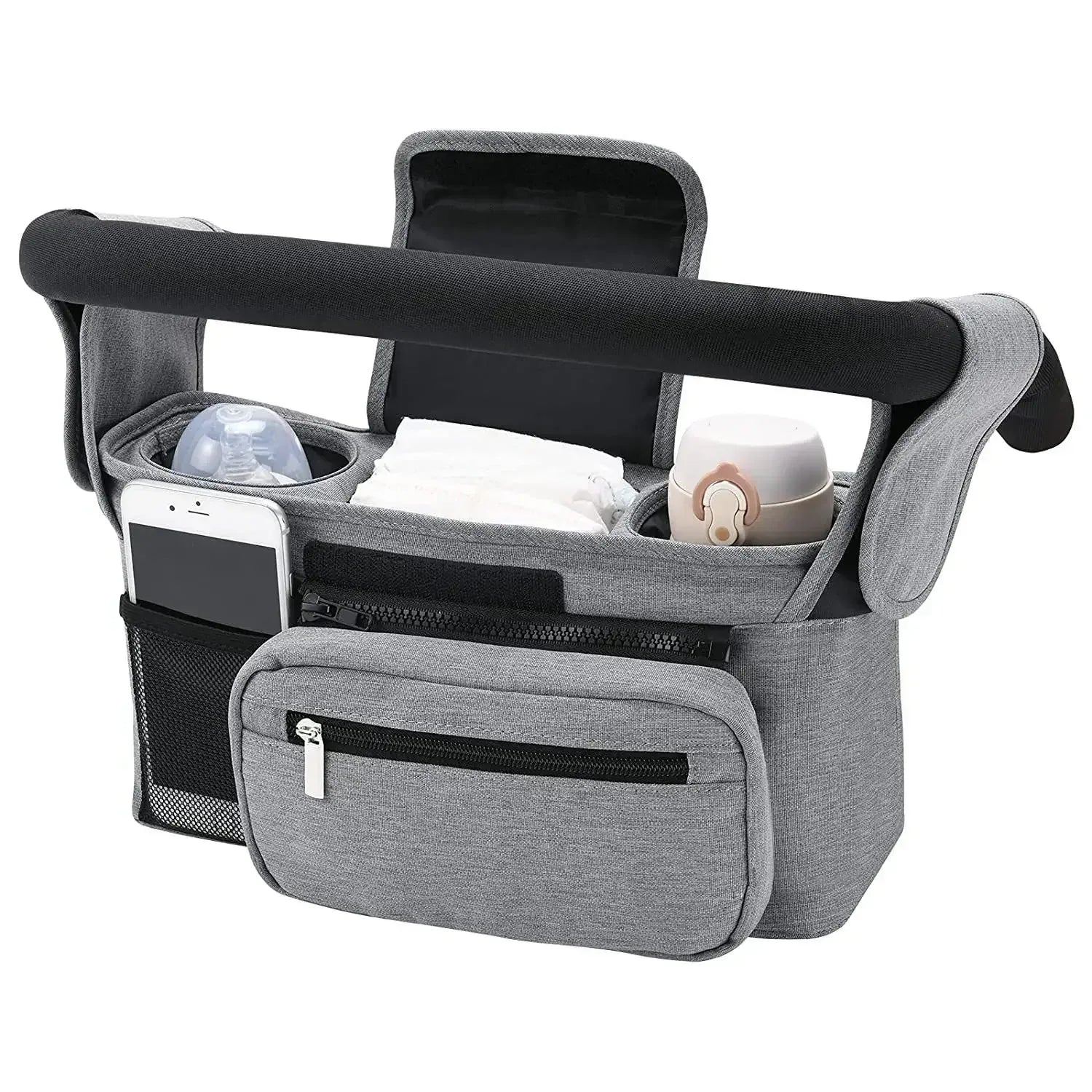 Borsa organizer passeggino grigia grande capacità porta biberon e tasca telefono mesh
