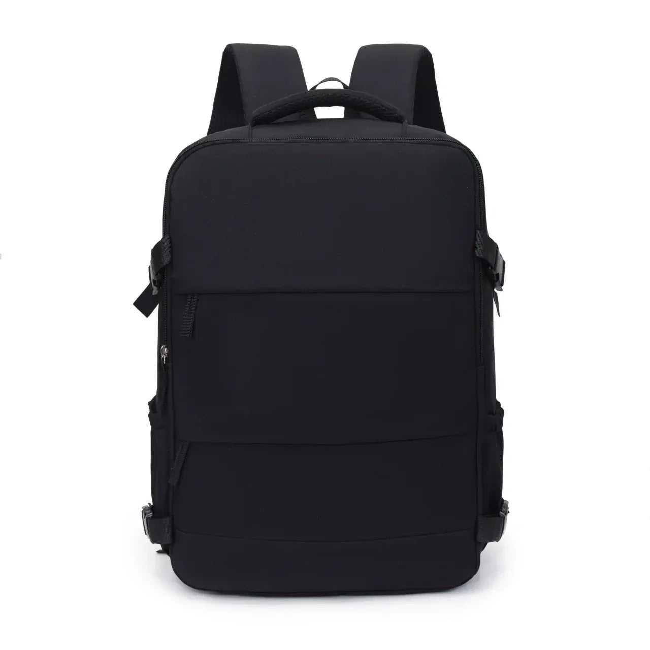 Zaino da viaggio in nylon nero con spalline imbottite e tasche multiple con zip