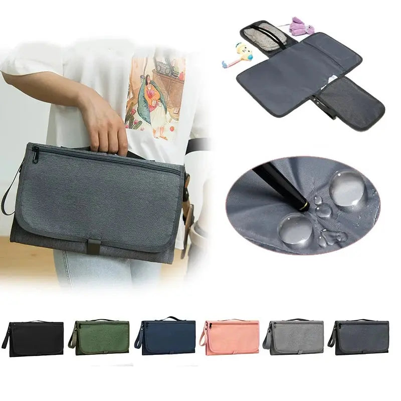 Fasciatoio portatile impermeabile in tessuto grigio testurizzato con zip e tracolla regolabile