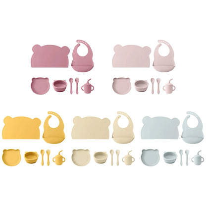 set pappa completo 7 pezzi silicone neonati colori disponibili rosa giallo beige azzurro
