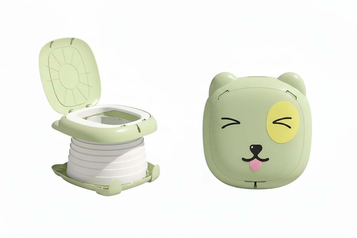 Vasino portatile pieghevole verde chiaro e bianco con gatto cartoon per bimbi