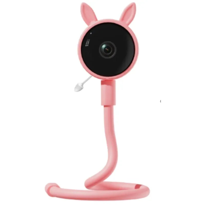 Baby monitor smart con telecamera Full HD 1080P, design flessibile con orecchie da coniglio, colore rosa, su sfondo bianco