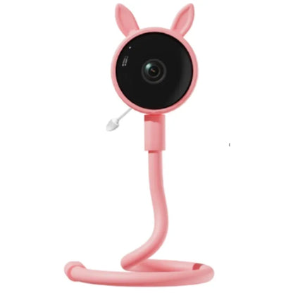 Baby monitor smart con telecamera Full HD 1080P, design flessibile con orecchie da coniglio, colore rosa, su sfondo bianco