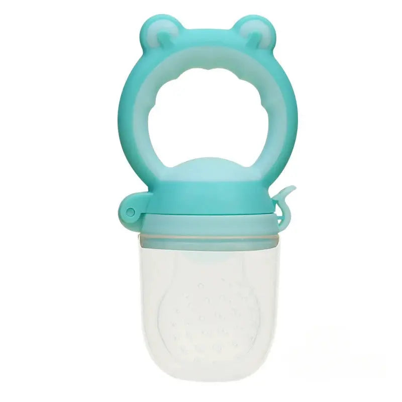 Succhietto alimentare neonati in silicone turchese con manico orsetto