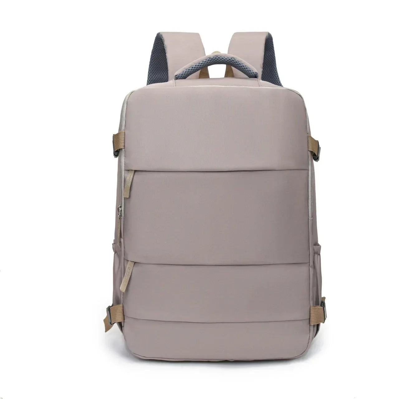 Zaino da viaggio beige con spallacci grigi in mesh e accenti in fettuccia tan