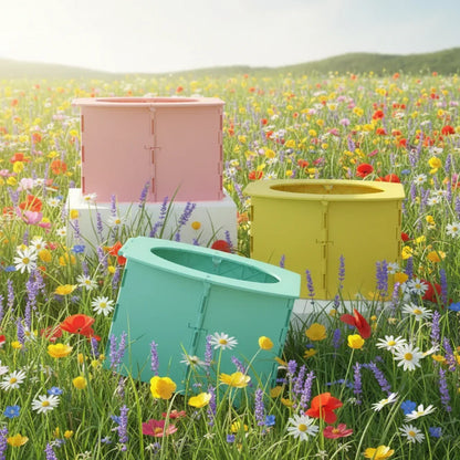 Vasino pieghevole portatile per bambini varianti giallo rosa e verde su prato fiorito