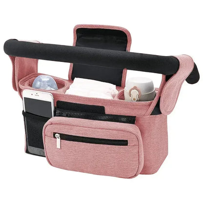 Borsa organizer passeggino rosa grande capacità con porta biberon e tasca telefono mesh
