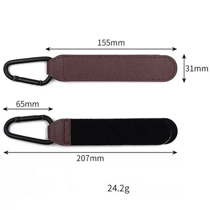 Schema misure tecniche ganci passeggino pelle PU dimensioni cinghia e moschettone
