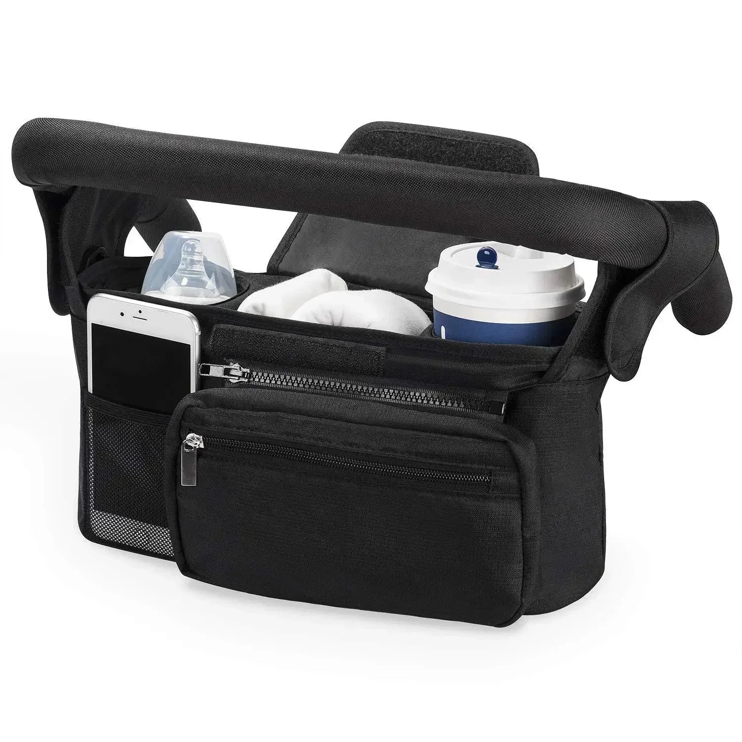 Borsa organizer passeggino nera grande capacità porta biberon e tasca telefono mesh
