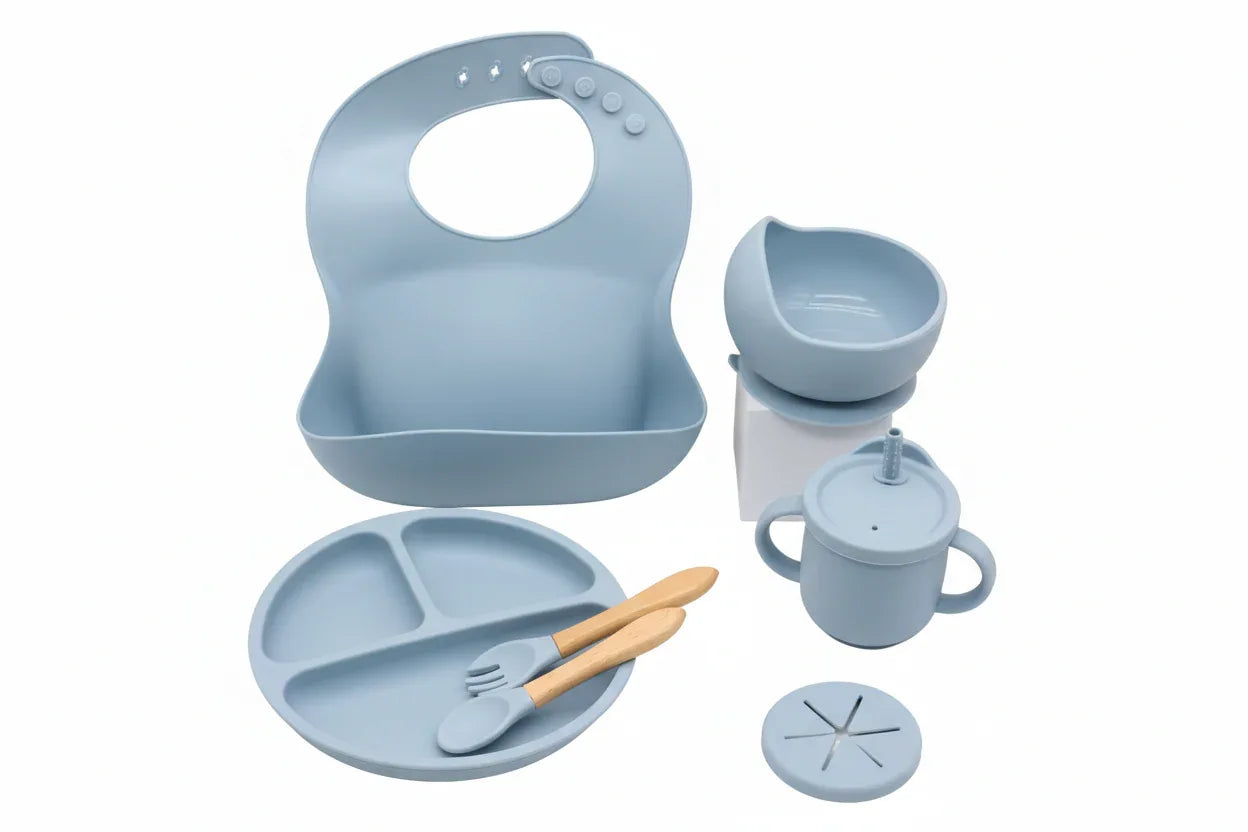 Set prima pappa bambini in silicone piatto ciotola posate e bicchiere con ventosa