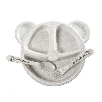 Set pappa orsetto bambini ciotola cucchiaio forchetta bianco su sfondo bianco