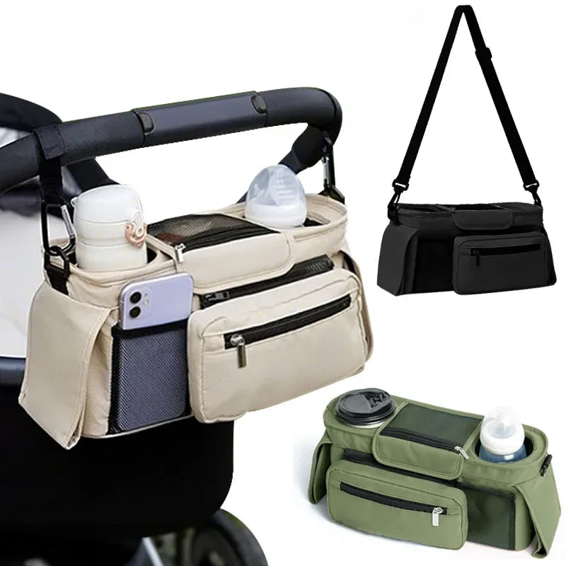 Borsa organizer passeggino verde oliva con tracolla regolabile e scomparti multipli

