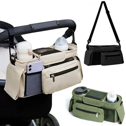 Borsa organizer passeggino verde oliva con tracolla regolabile e scomparti multipli
