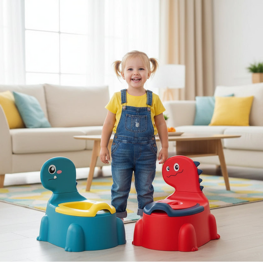 Bambina con vasino dinosauro rosso e blu in salotto