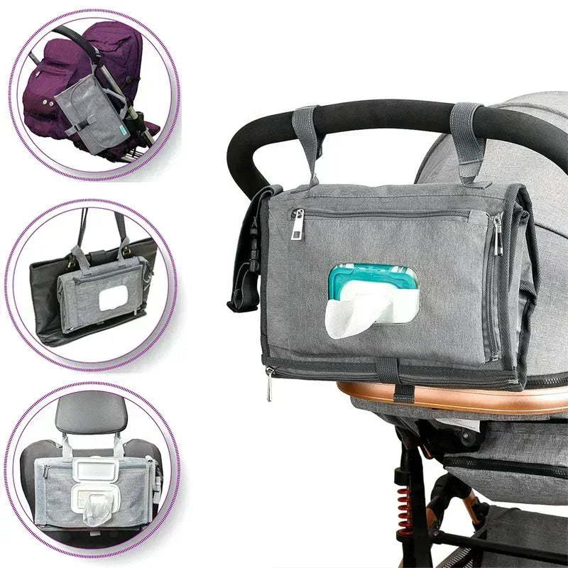  Fasciatoio portatile per neonati con tasche montato su passeggino